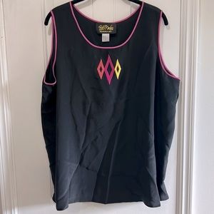 Bob Mackie Black sleeveless black blouse w hot pink trim in 3 colorful shapes